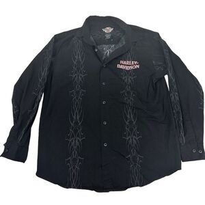 Harley Davidson Button Up Shirt Black Skulls Barbs Embroidered Logo Cotton L
